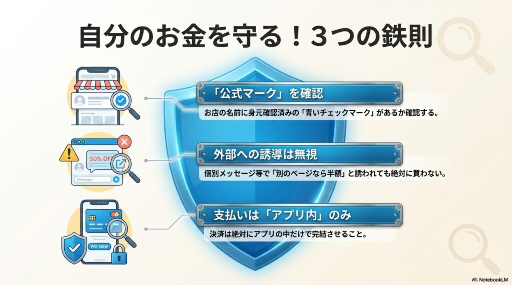 公式マークの確認や外部誘導の無視およびアプリ内決済の徹底に関する解説