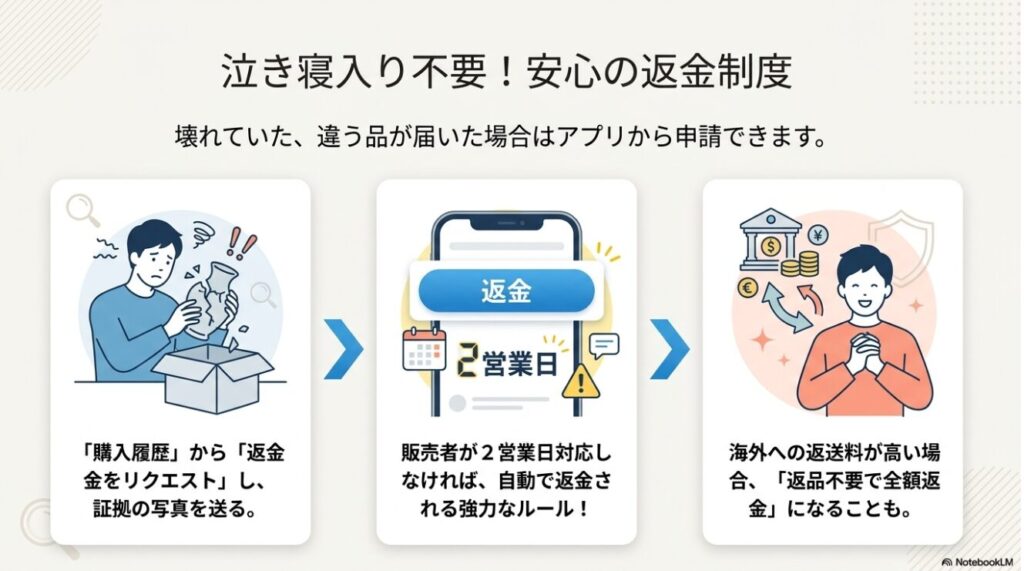 不良品や違う商品が届いた際に購入履歴から返金をリクエストする手順とルール