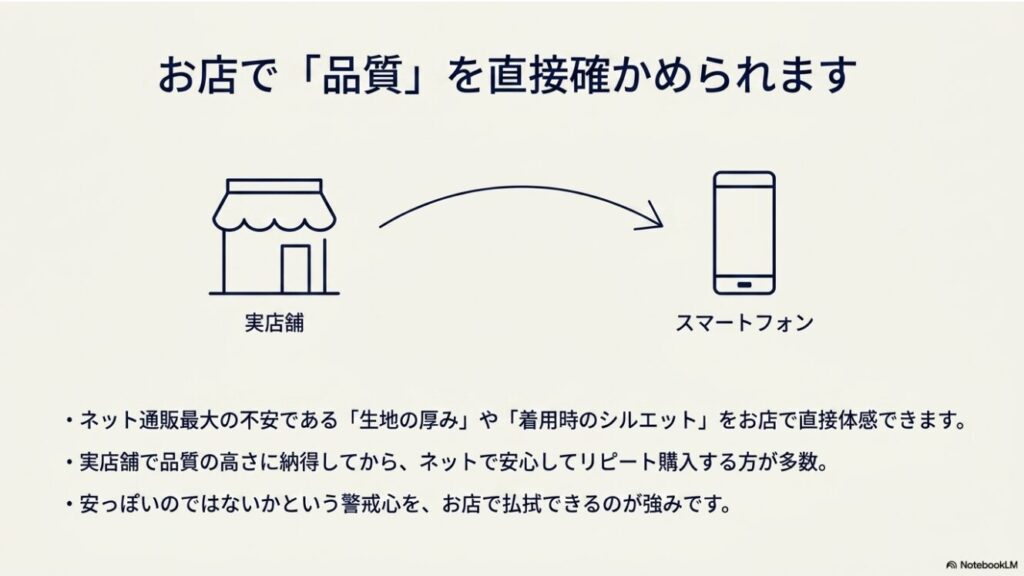 お店で生地や形を確認してからネットでリピート購入する流れ
