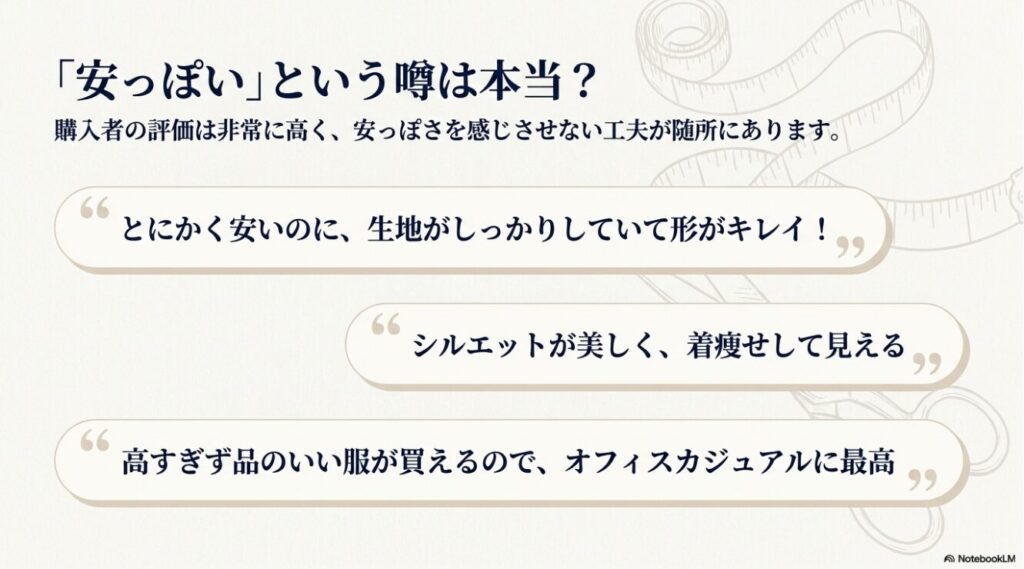 生地がしっかりしていてシルエットが美しいという口コミの紹介