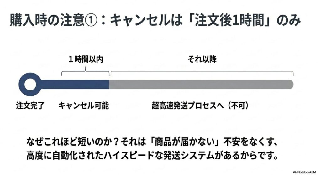 自動化された高速発送によりキャンセルは注文後1時間以内