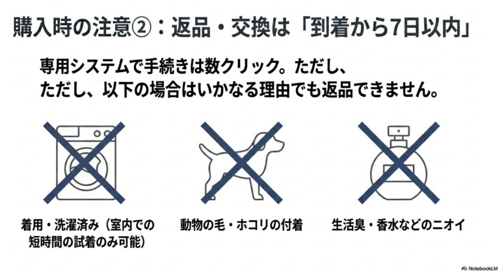 商品到着後7日以内で未着用などの条件を満たす場合のみ返品可能
