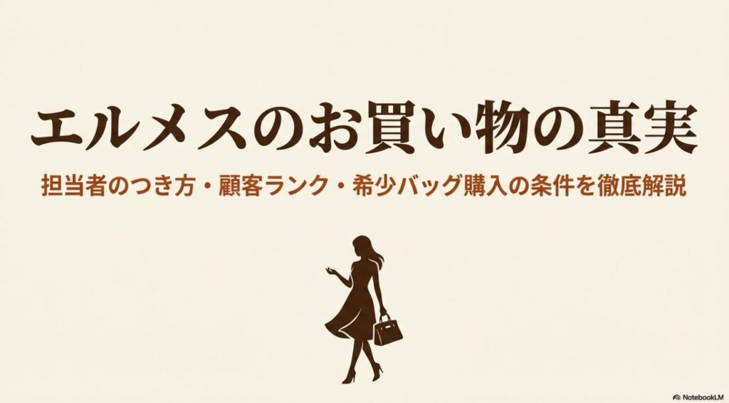 バッグを持った女性のシルエットとエルメス攻略法のタイトル