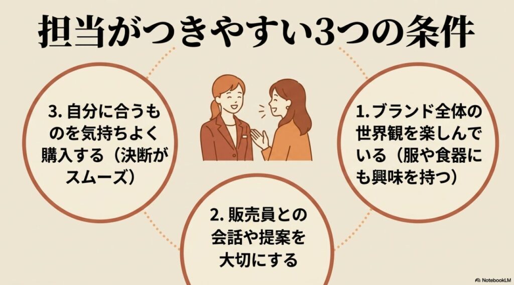 販売員と笑顔で会話を楽しむ女性のイラストと好まれる条件