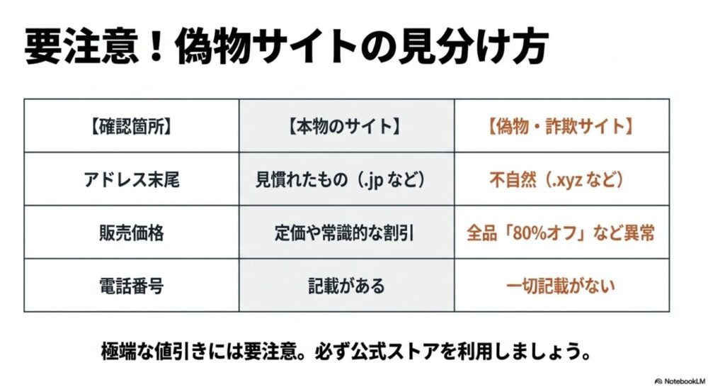 アドレス末尾や販売価格など偽物サイトを見分けるための確認箇所