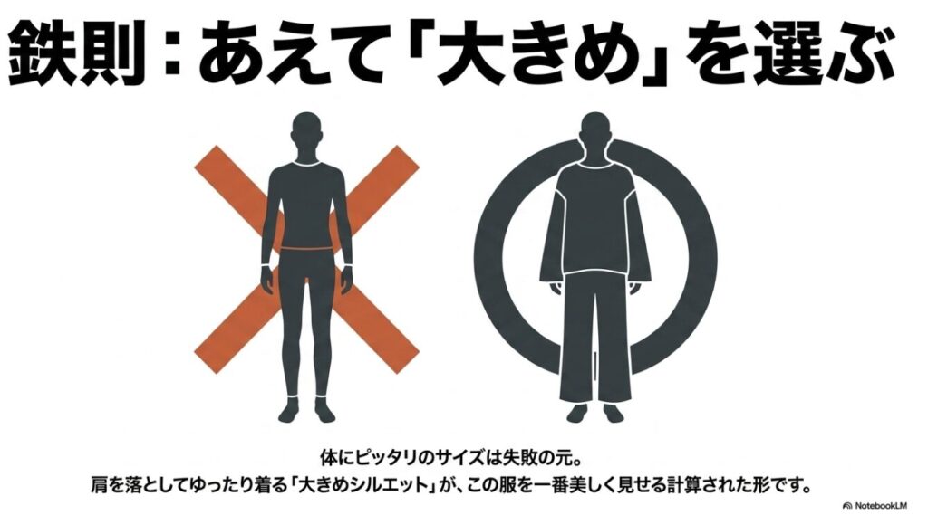 肩を落としてゆったり着る大きめシルエットが最も美しく見える
