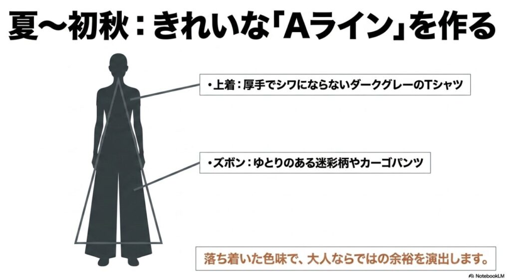 厚手のTシャツとゆとりのあるパンツで作るきれいなAラインシルエット
