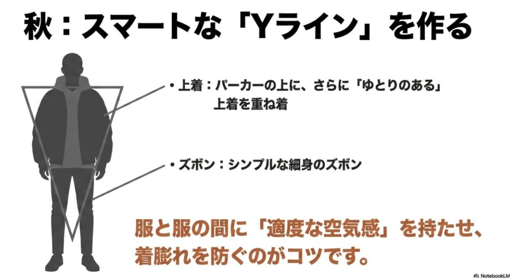 パーカーの重ね着と細身のズボンで作るスマートなYラインシルエット