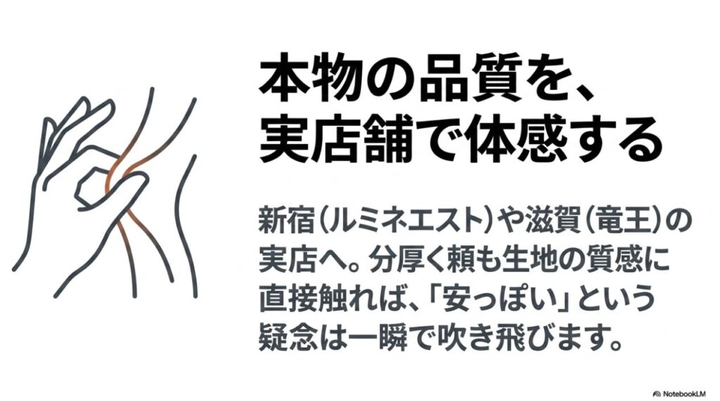 新宿や滋賀の実店舗で分厚く頼もしい生地の質感を直接体感できる