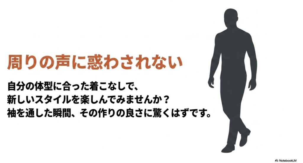 周りの声に惑わされず自分の体型に合った着こなしを楽しむ