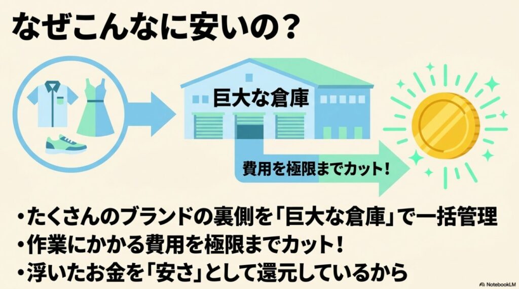 巨大な倉庫で作業費用をカットして安さを還元する仕組み