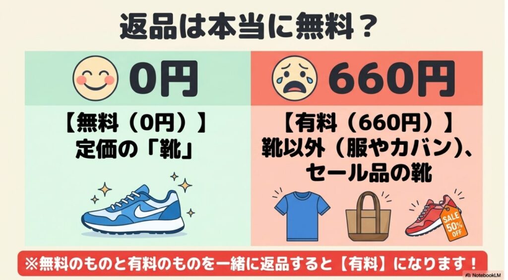 返品が無料なのは定価の靴のみで靴以外やセール品は有料になる条件