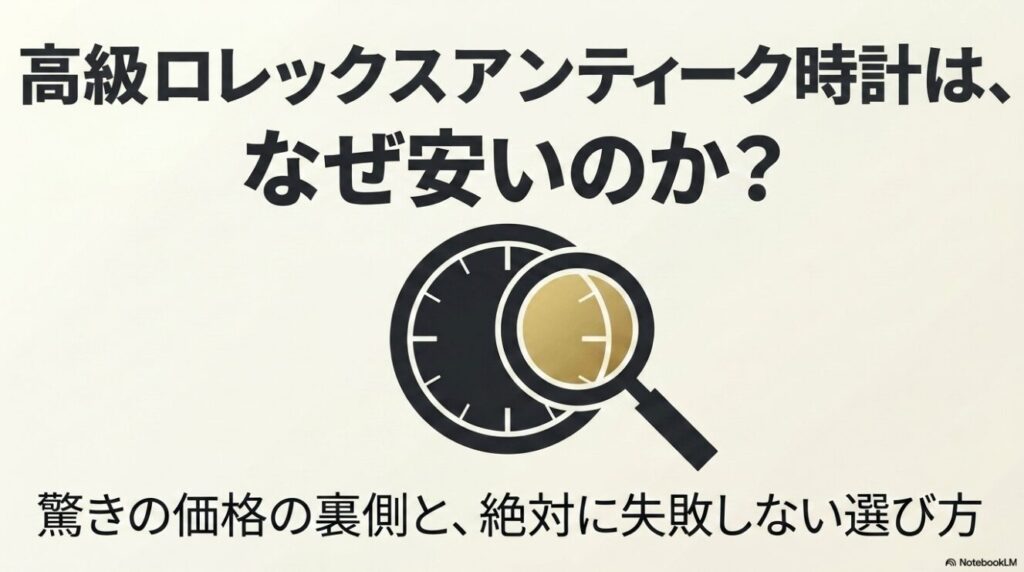 虫眼鏡と時計のイラストで安さの理由を解説するアイキャッチ