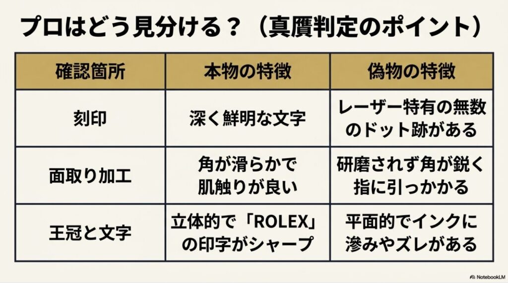 刻印や面取り加工および王冠マークから本物と偽物を見抜くポイント
