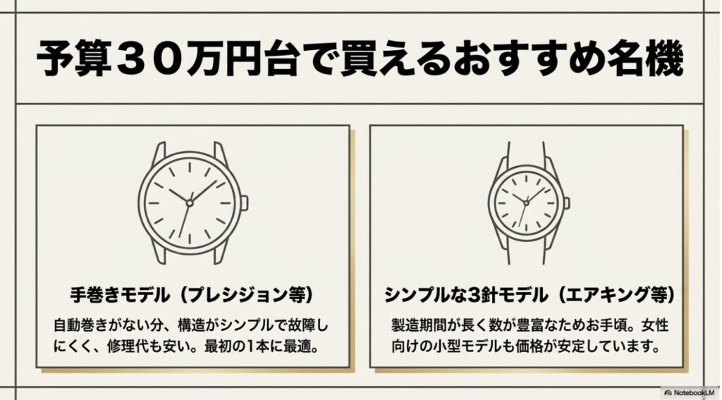 プレシジョンやエアキングなど手頃な価格の手巻きと3針モデル