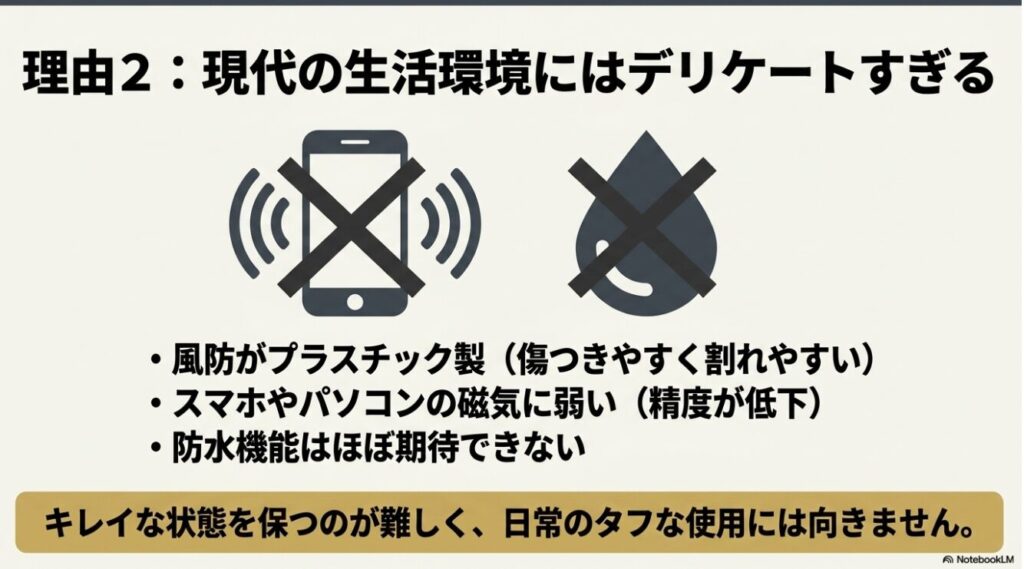 スマートフォンの磁気や水分に弱いプラスチック風防の注意点