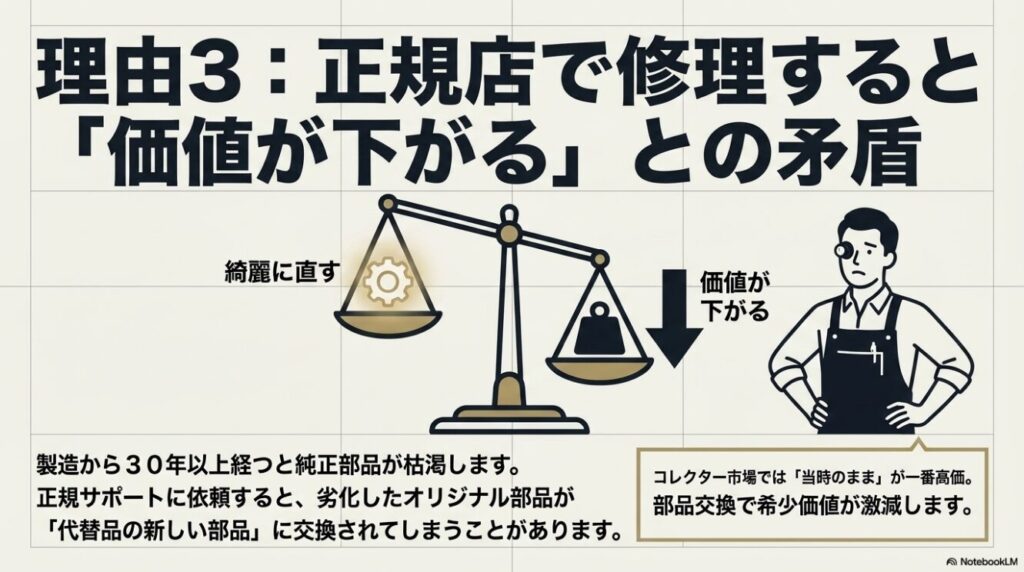 オリジナル部品の交換でコレクター市場での評価が落ちるリスク