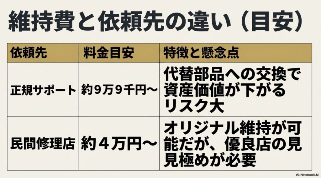 正規サポートと民間修理店におけるオーバーホール料金の目安表