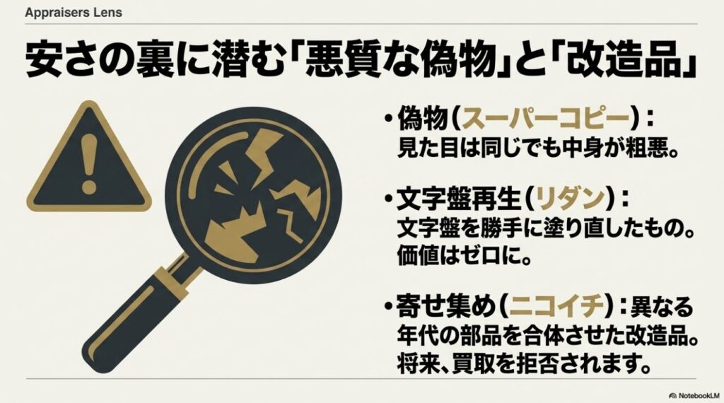 スーパーコピーやリダン文字盤など悪質なニコイチ時計の警告
