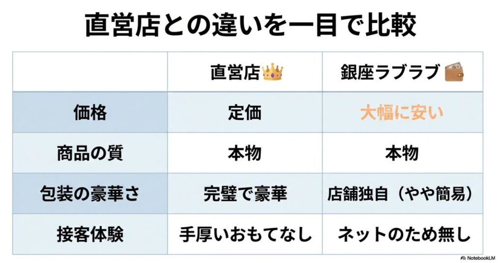 包装の豪華さや接客体験の違いが一目で分かる一覧表