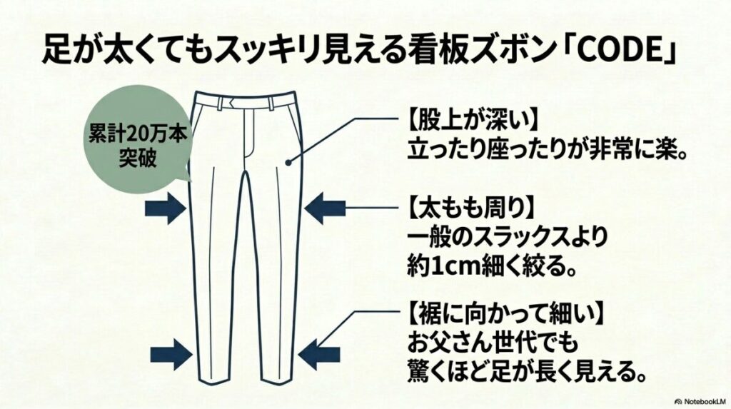股上が深く太ももを絞ったテーパード仕様の美脚ズボン