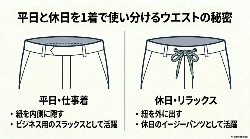 ドローコードの出し入れで仕事着とリラックス着を切り替える仕組み
