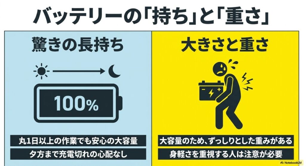 丸1日使えるバッテリーの持ちと重さへの注意点