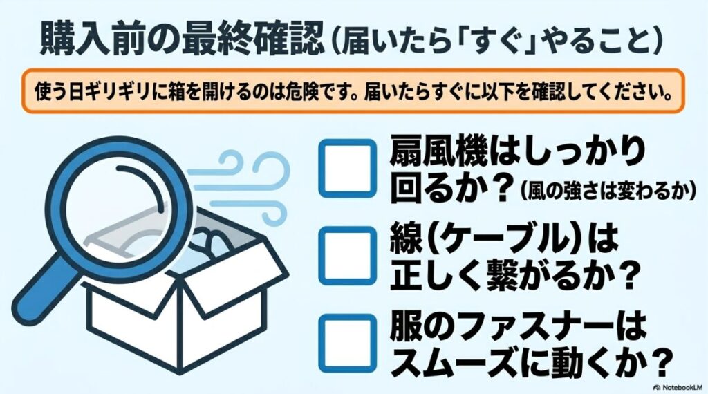 扇風機の回転やケーブルとファスナーの初期チェック