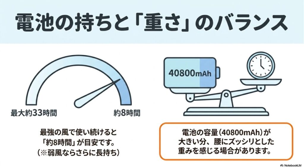 最大33時間稼働する電池の性能と腰への負担