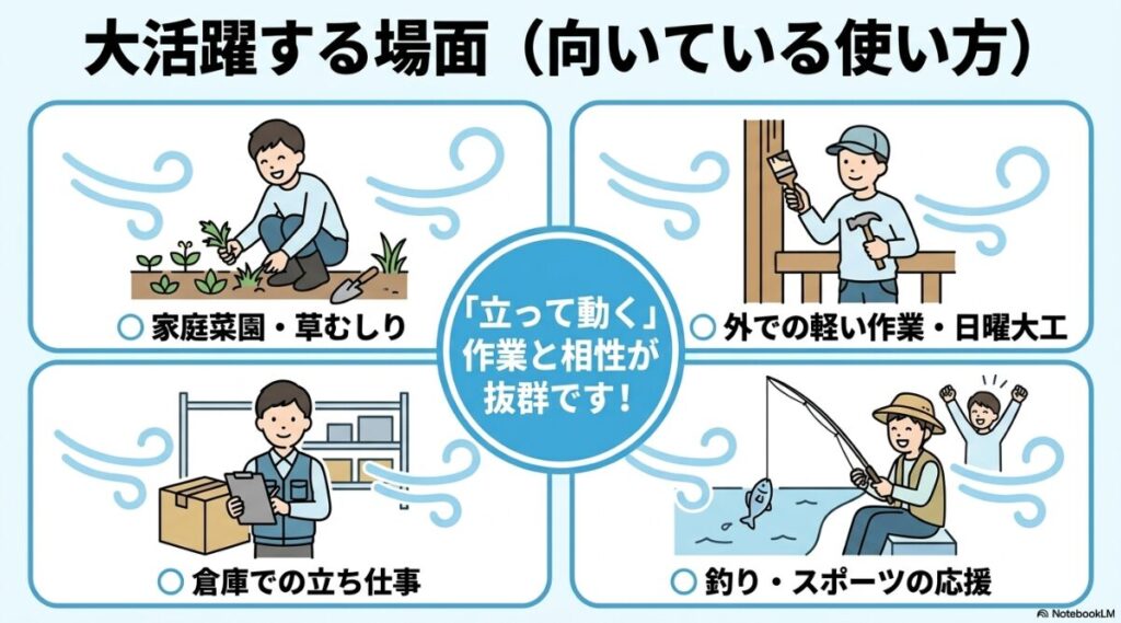 家庭菜園や立ち仕事など外での軽い作業との相性