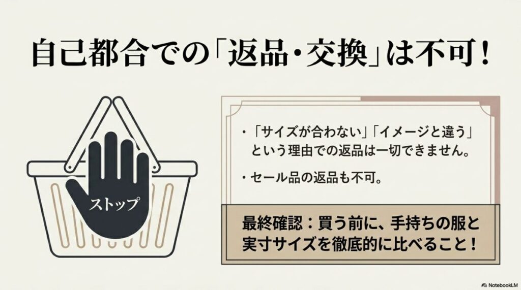 サイズ違いやイメージ違いによる返品ができないことの警告