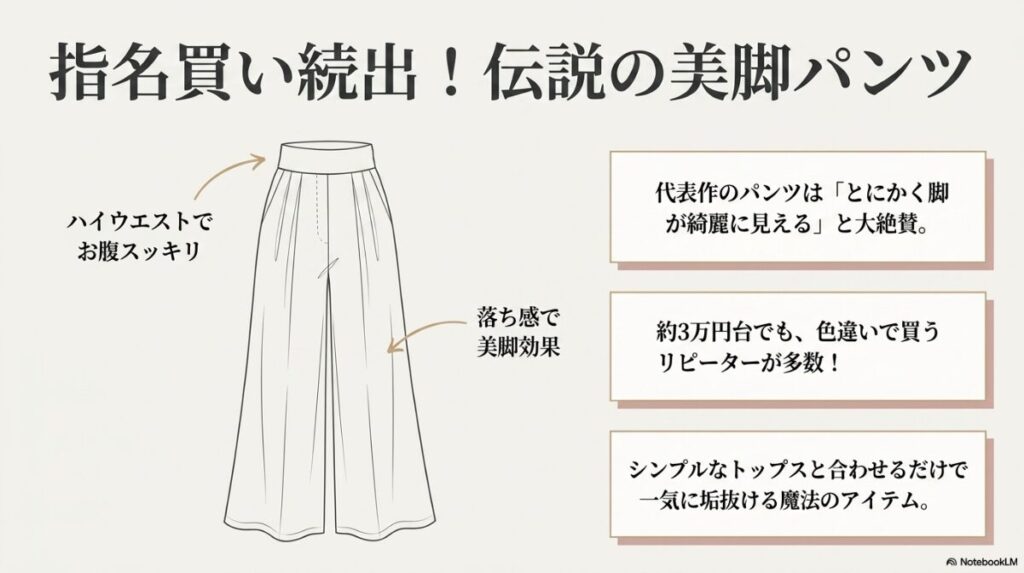 ハイウエストと落ち感で体型カバーを叶える名品