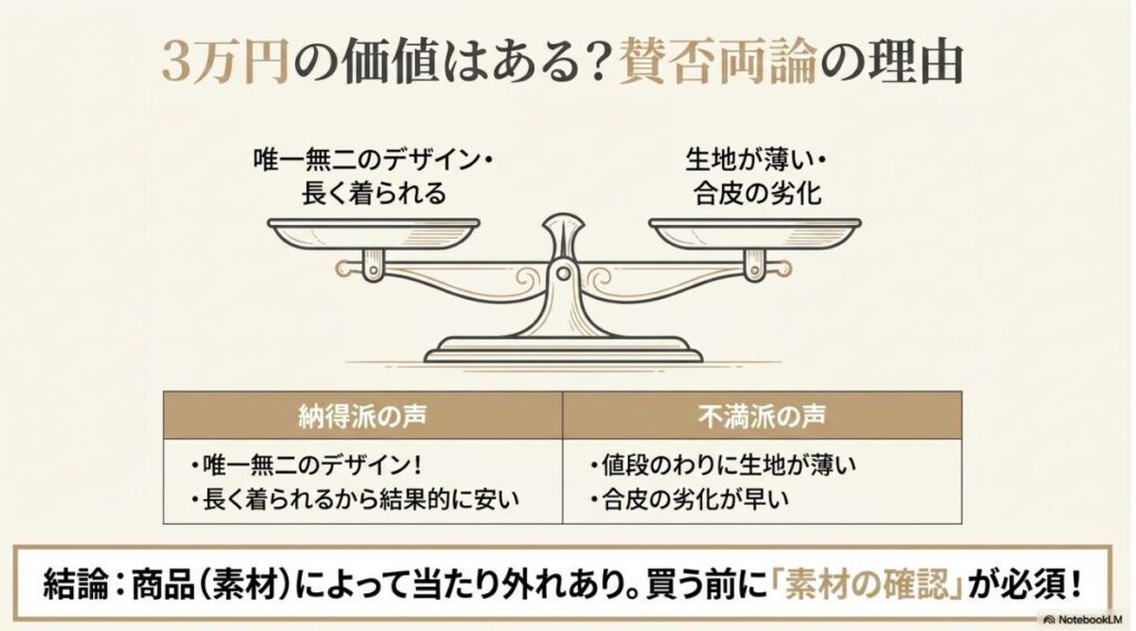 長く着られる良さと生地の薄さや劣化に関する意見の比較