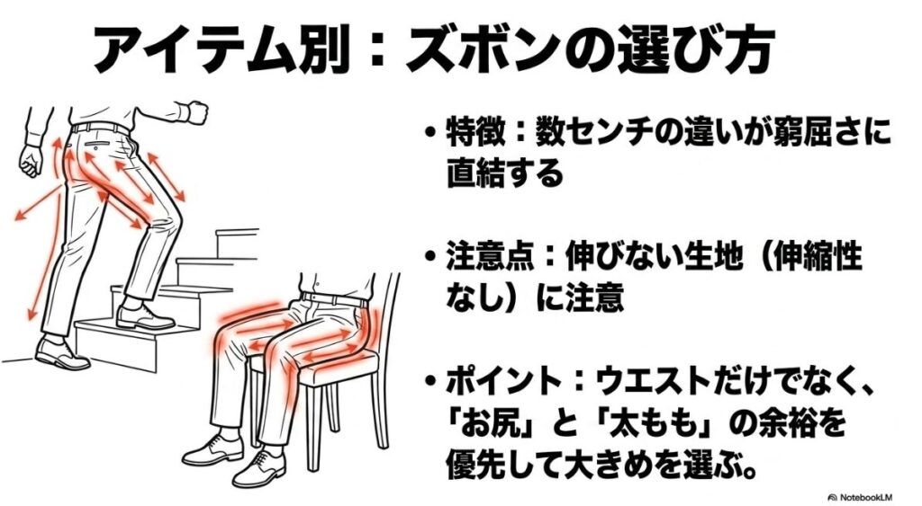 ウエストだけでなくお尻や太ももの余裕を重視して大きめを選ぶ理由