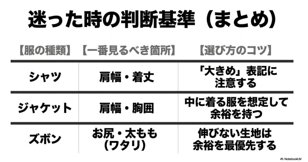 服の種類ごとに最も確認すべき箇所と選び方のコツをまとめた早見表