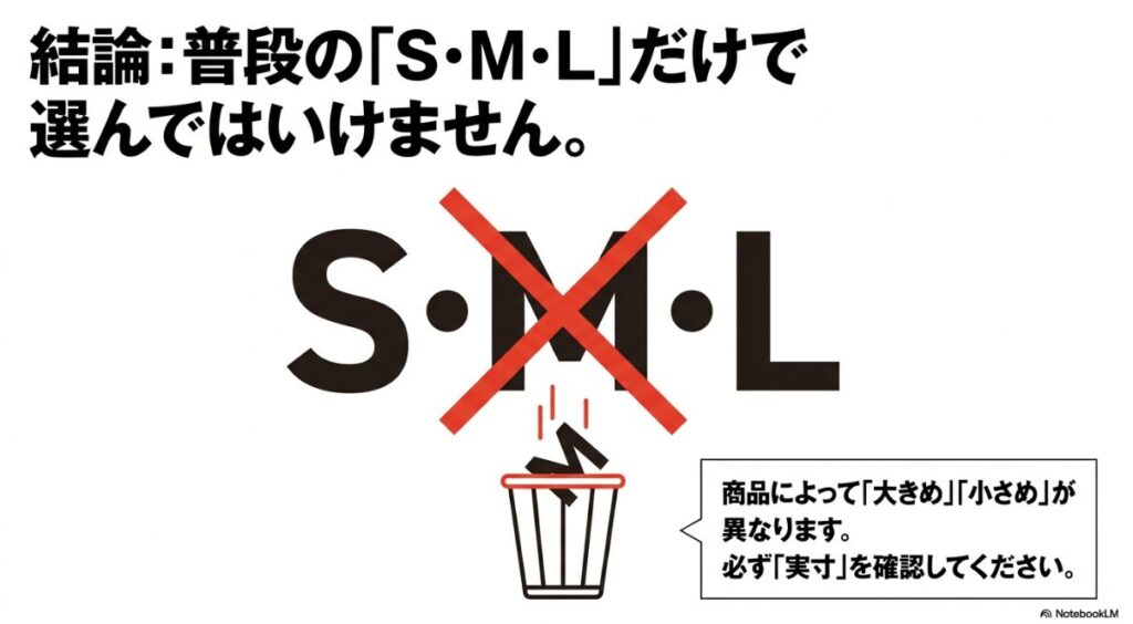商品ごとに大きめや小さめの規格が異なることへの注意喚起