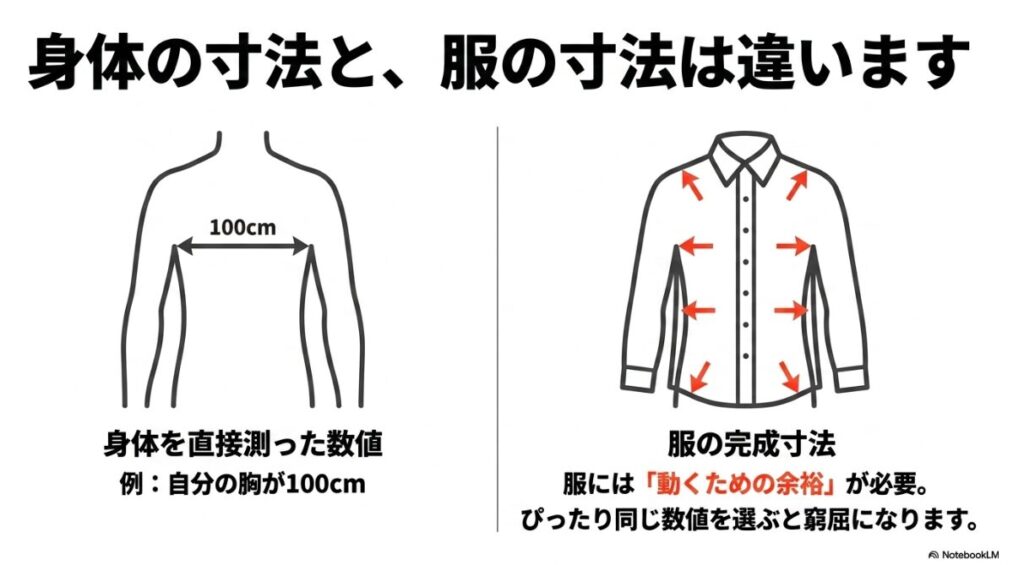 窮屈さを防ぐために服には動くための余裕が必要であることを示すイラスト