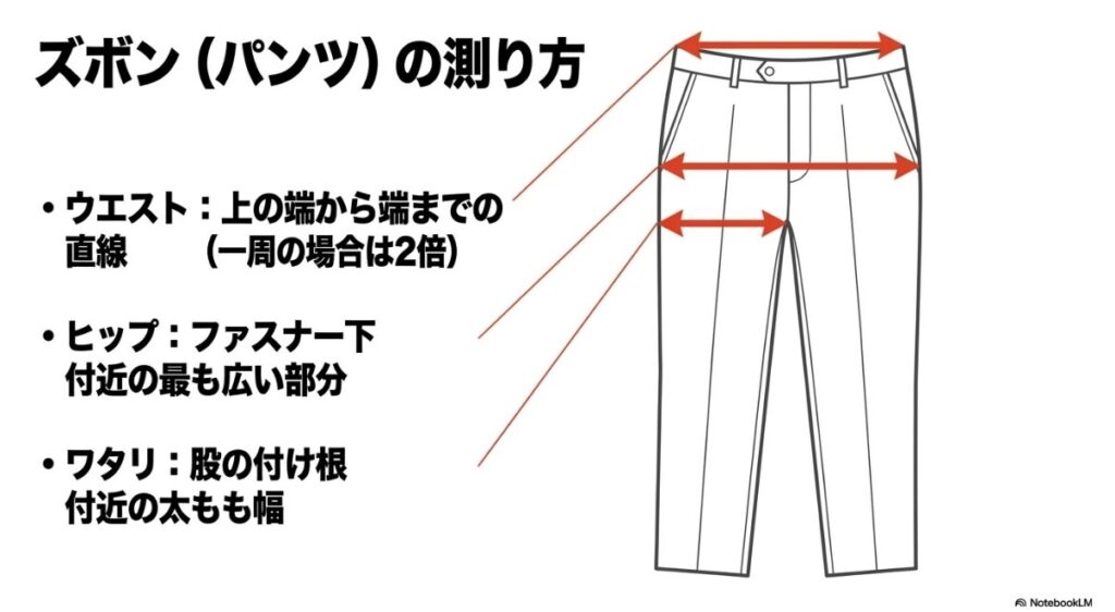 ズボンを平置きした際の重要な3つの採寸ポイント