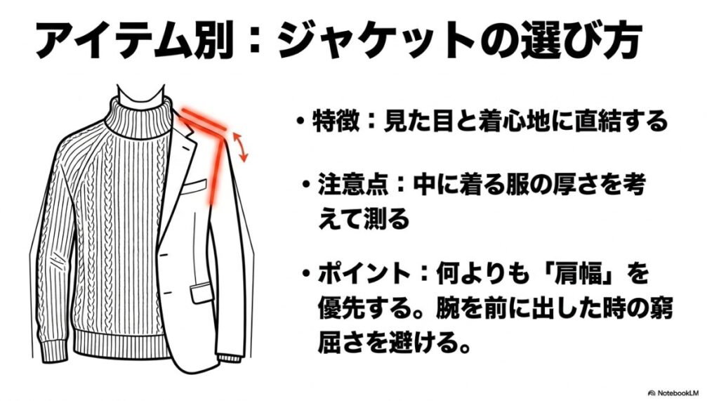 中に着る服の厚さを想定して腕を前に出したときの窮屈さを防ぐポイント