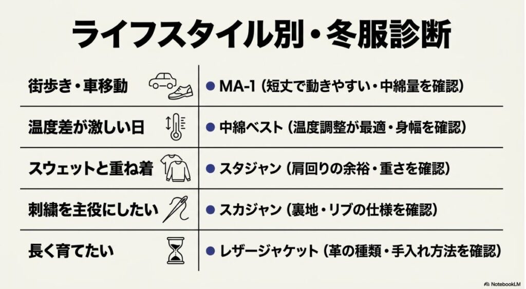 MA-1やスタジャンなど用途別のおすすめ冬服診断表