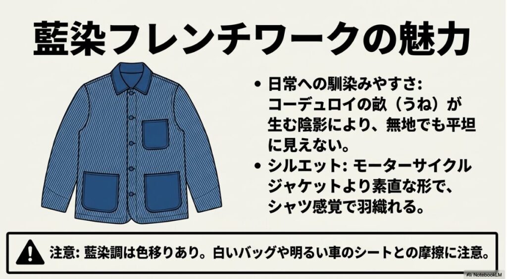 コーデュロイ素材とシンプルなシルエットが特徴のアウター