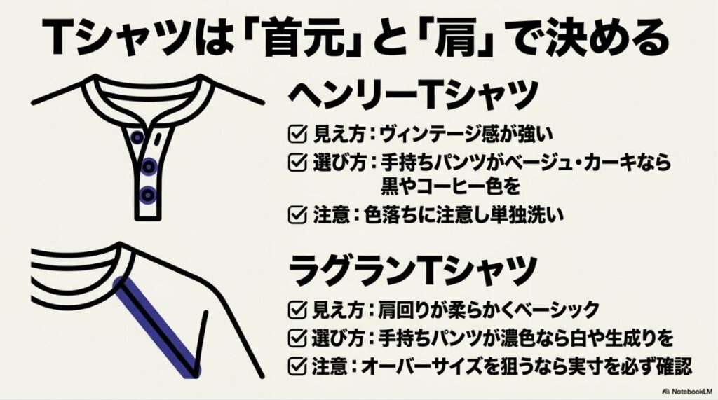 ヘンリーネックとラグランスリーブの印象とボトムスとの相性の違い
