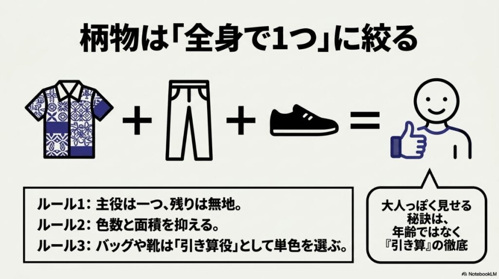 色数と面積を抑え小物で引き算をする大人っぽく見せる着こなし術