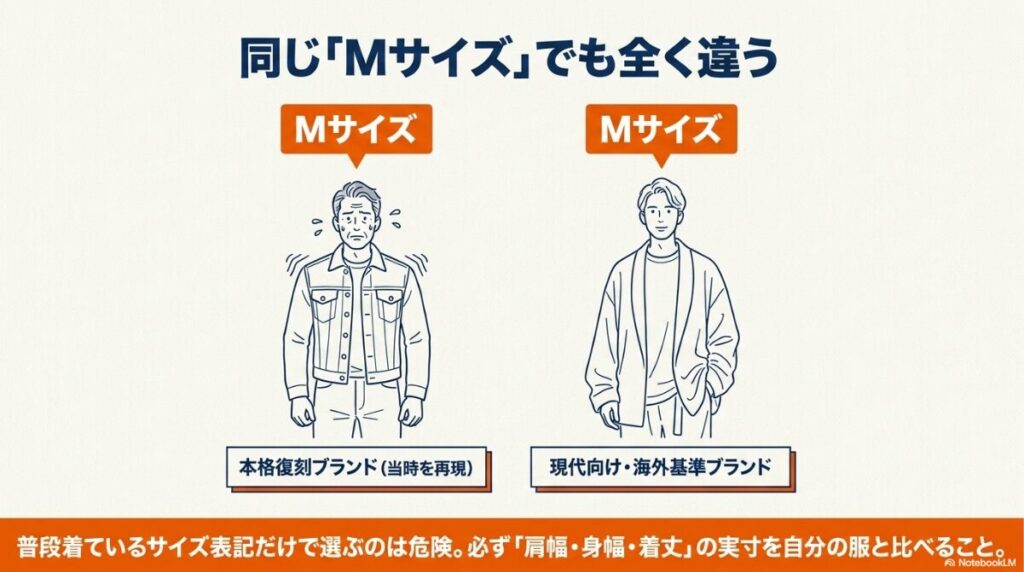 サイズ表記ではなく実寸を確認することの重要性を示す比較
