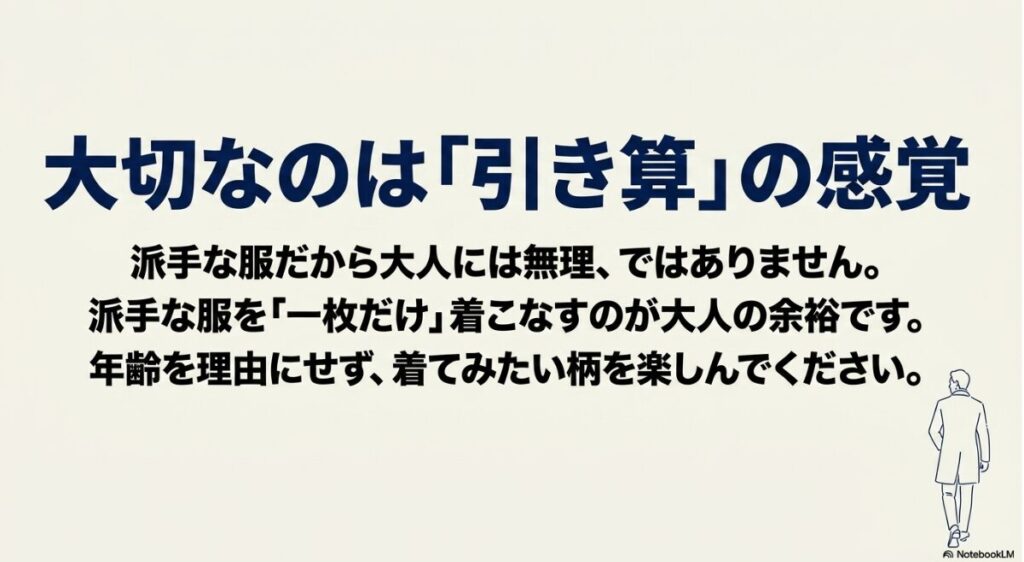 派手な服を一枚だけ着こなす大人の余裕についてのまとめ