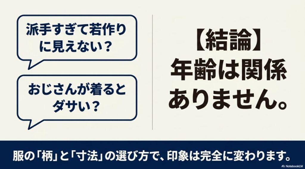服の柄と寸法の選び方で印象が変わることを説明した図