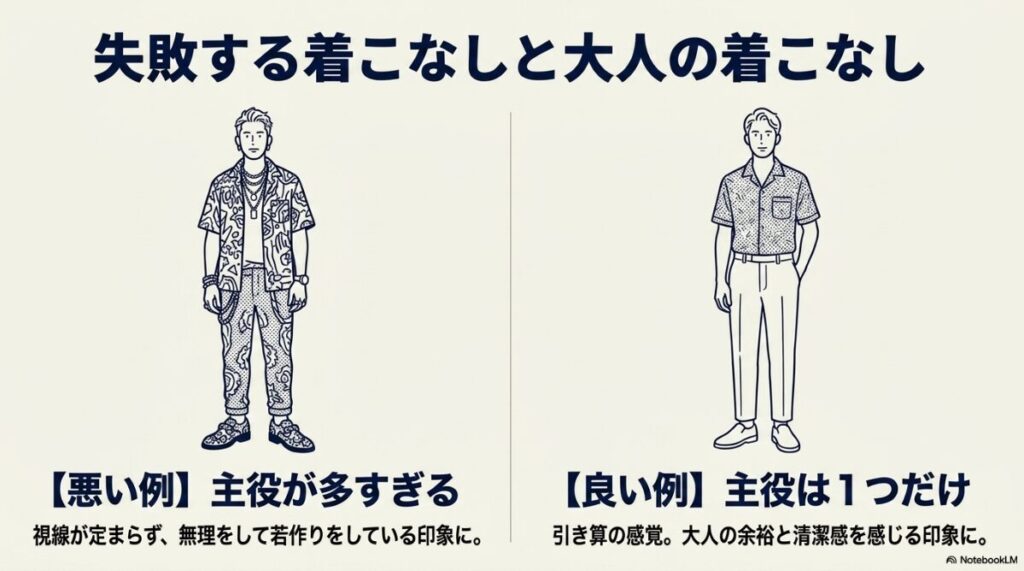 全身派手な失敗例と主役を1つに絞った良い例のイラスト