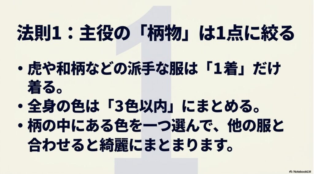 主役となる派手な服は1着のみにするコーディネートのコツ