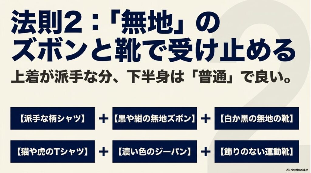 派手なトップスには落ち着いたボトムスを合わせる法則の解説