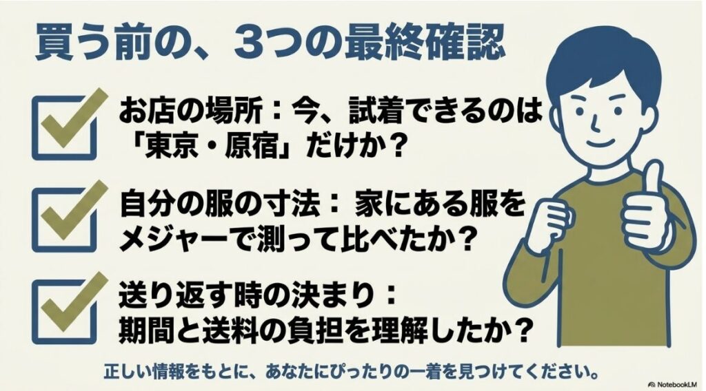 店舗の場所や自分のサイズと返品ルールを把握するためのチェックリスト